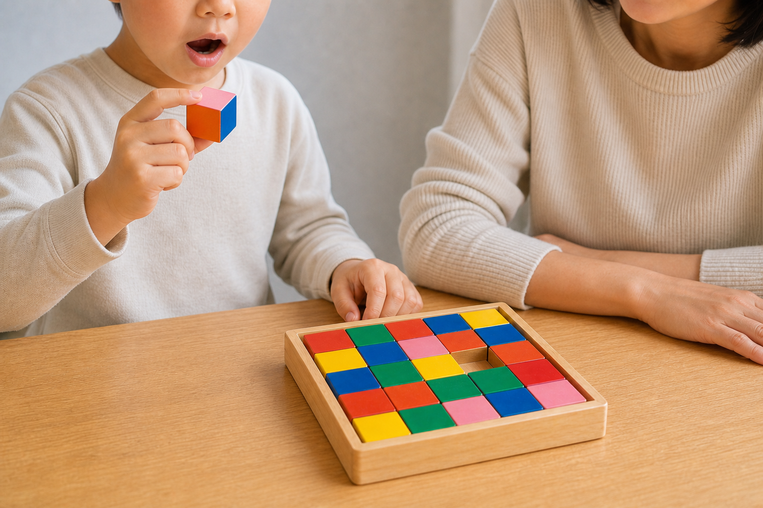 カラーブロックを使って親子で立体を考える様子