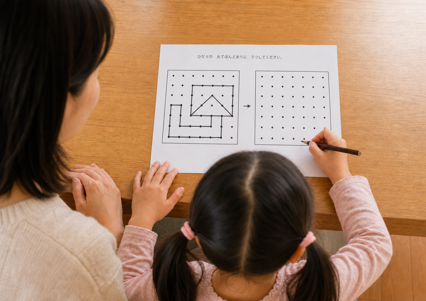 親子で新しい点描写の課題に取り組む様子