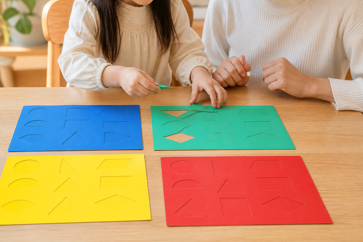 保護者に見守られながら図形パズルを自分で考える幼児の様子